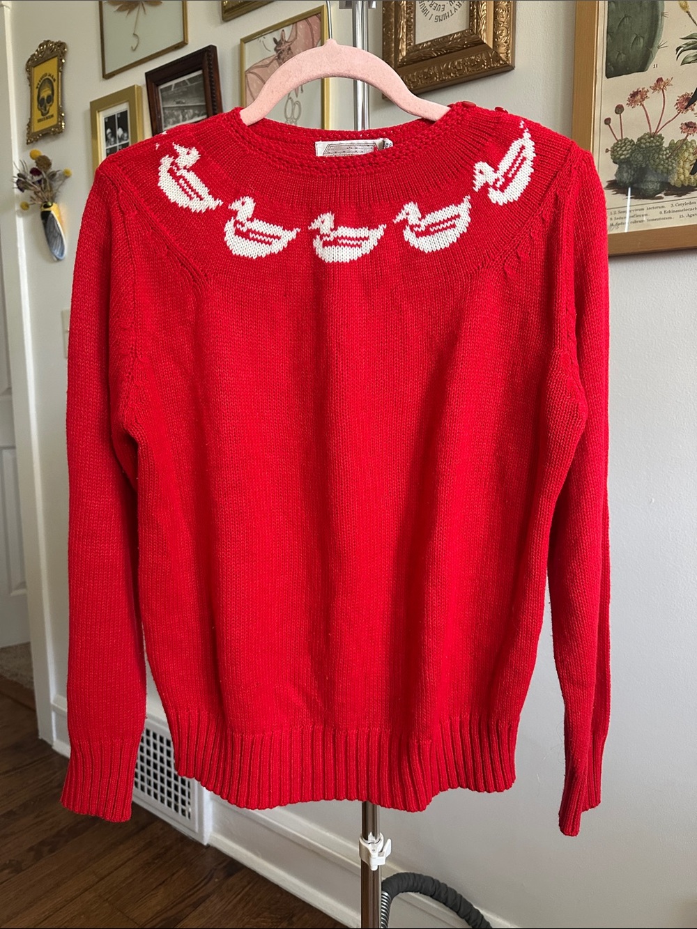 Vintage Red Crewneck Sweater with White Duck Detail